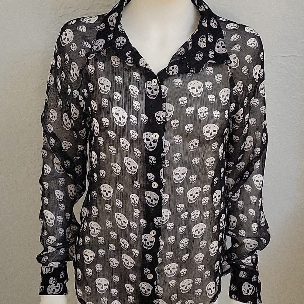 COOLWEAR Goth Skelton Gasparilla Sheer Button Down Hi-Low Cover-up Shirt - Picture 3 of 7